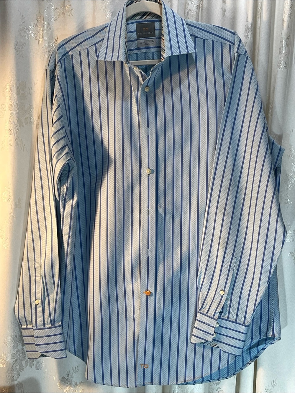 Thomas Dean Light Blue and Navy Vertical Stripe Dress Shirt